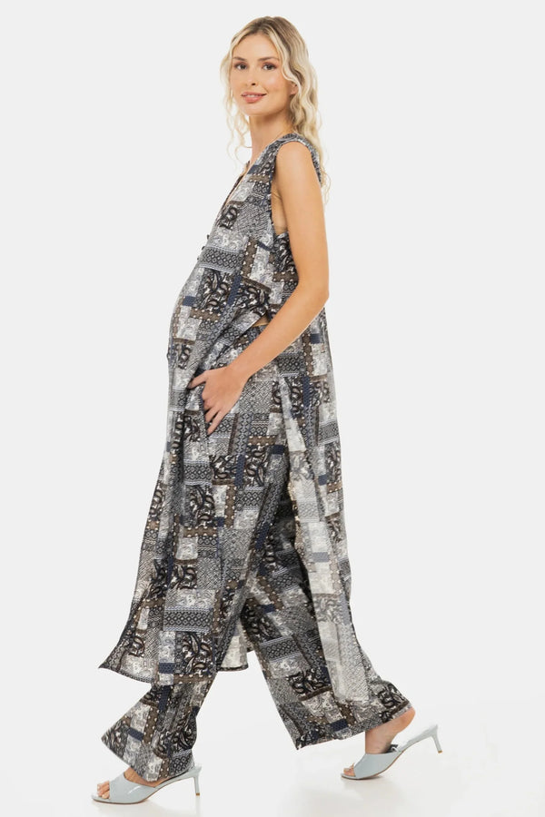 Těhotenské rozšířené kalhoty s geometrickým vzorem