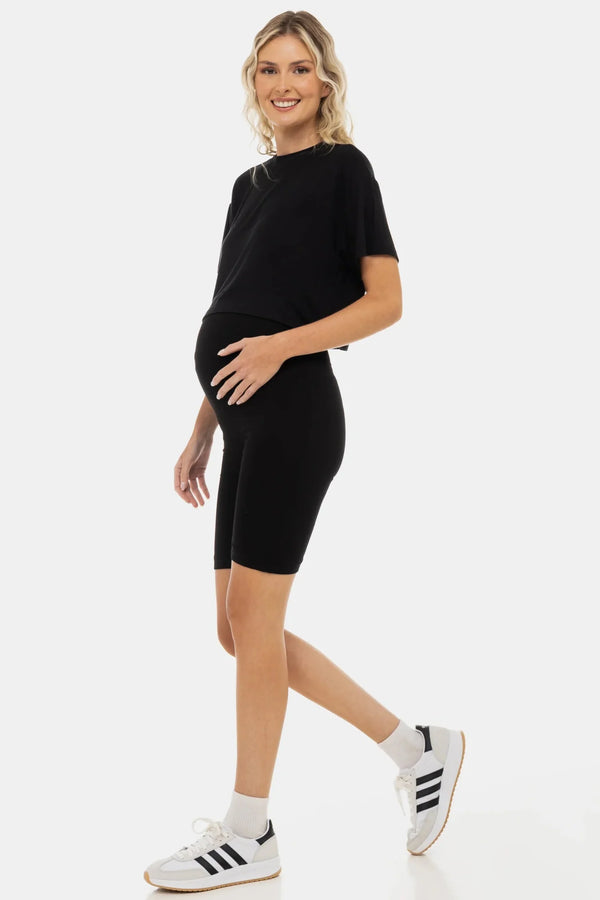 Měkké dvojité těhotenské legíny - bezešvý design - černé
