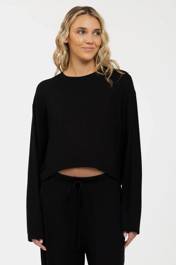 Měkký těhotenský crop top s dlouhým rukávem z modalu – černý