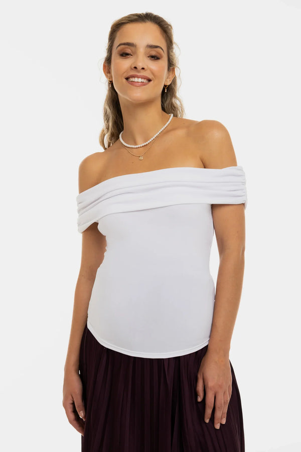 Elegantní těhotenský top s odhalenými rameny – bílý