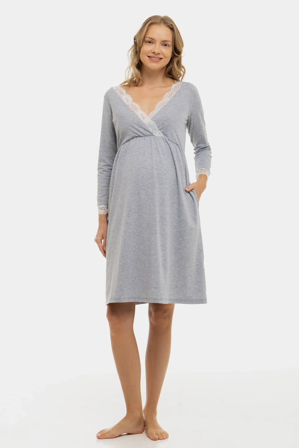 Bavlněná šedá těhotenská a kojící noční košile se 7/8 rukávy