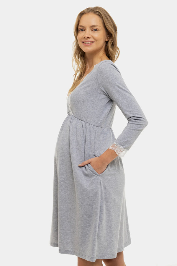 Bavlněná šedá těhotenská a kojící noční košile se 7/8 rukávy