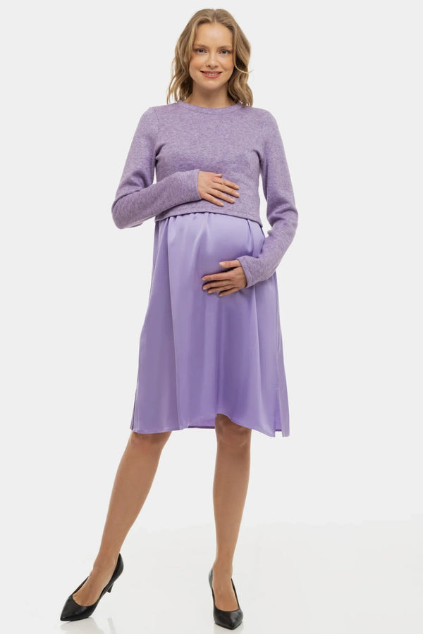 Saténové těhotenské a kojící šaty s pulovrem - lila