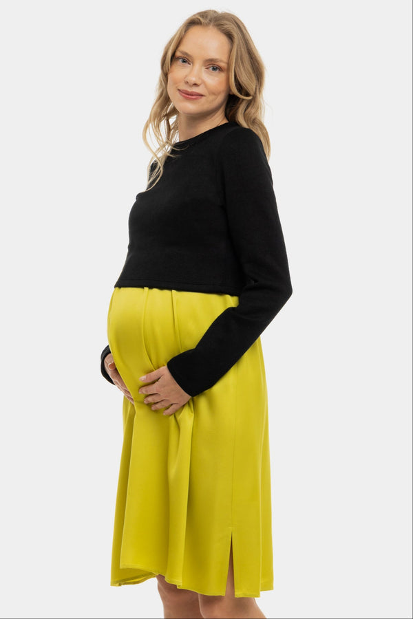 Saténové těhotenské a kojící šaty s pulovrem - citronové