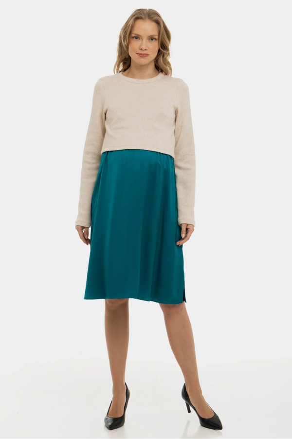 Saténové těhotenské a kojící šaty s pulovrem - tyrkysový