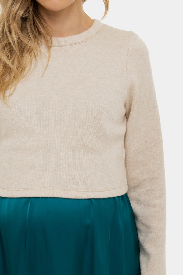 Saténové těhotenské a kojící šaty s pulovrem - tyrkysový