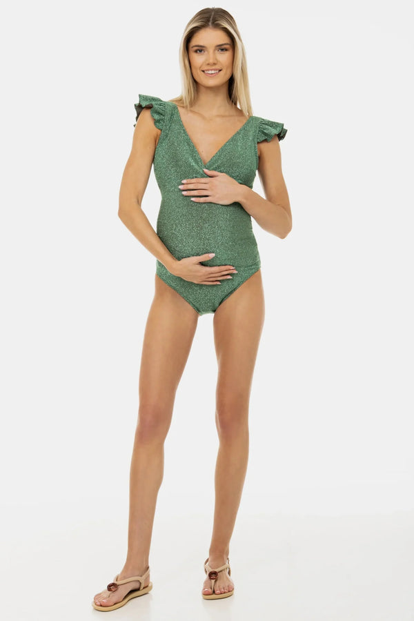 Třpytivé těhotenské a kojicí plavky s volánkovými rukávy