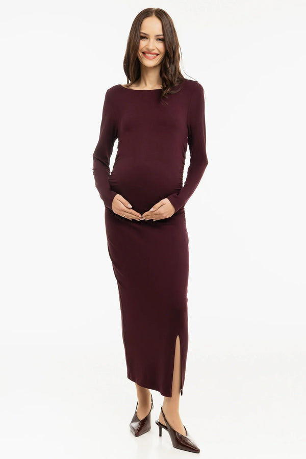 Elegantní dlouhé šaty s řasením – bordó