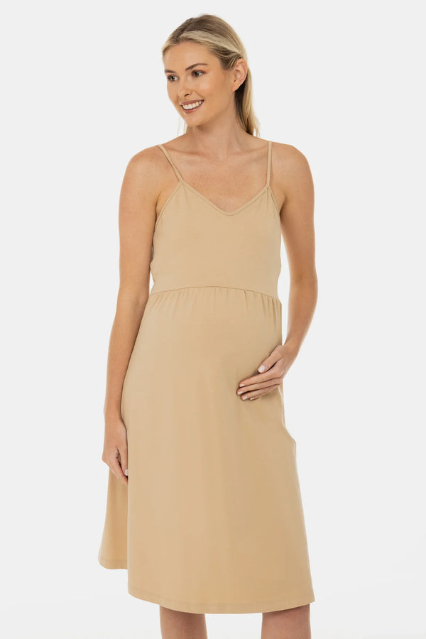 Vzdušné těhotenské šaty z puntíkovaného tylu – béžové