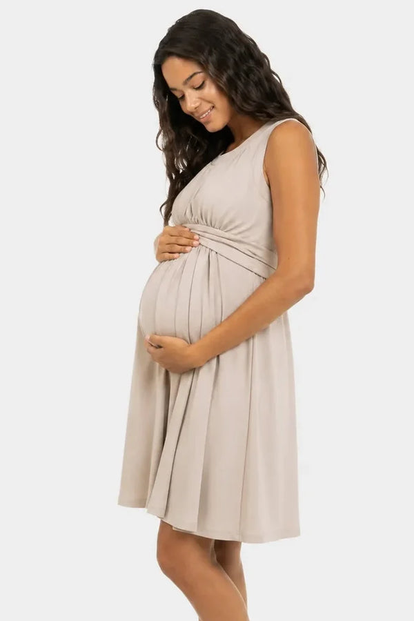 Elegantní těhotenské šaty s řaseným páskem – béžové