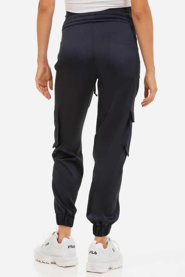 Saténové těhotenské cargo kalhoty - tmavě modrá