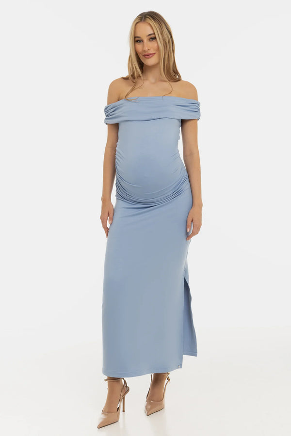 Společenské těhotenské šaty s řasením - světle modré