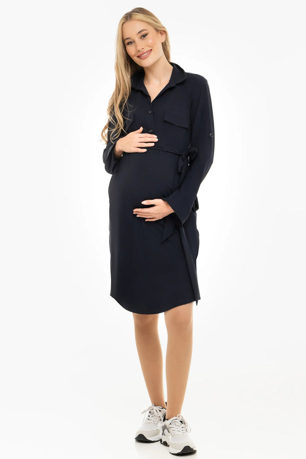 Elastické těhotenské a kojicí šaty s límečkem – tmavě modré