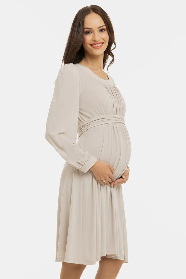 Elegantní těhotenské šaty s nabíráním - béžové