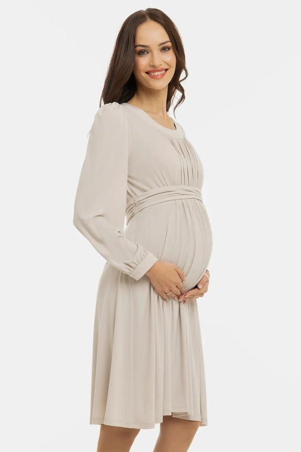 Elegantní těhotenské šaty s nabíráním - béžové