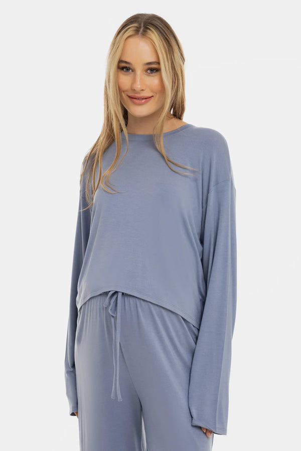 Měkký těhotenský crop top s dlouhým rukávem z modalu - pastelově modrá