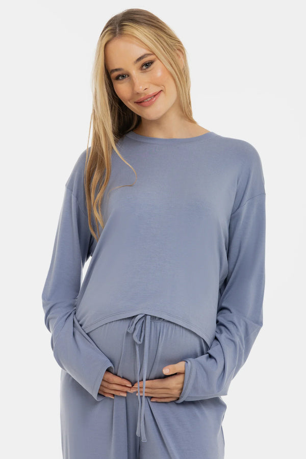 Měkký těhotenský crop top s dlouhým rukávem z modalu - pastelově modrá