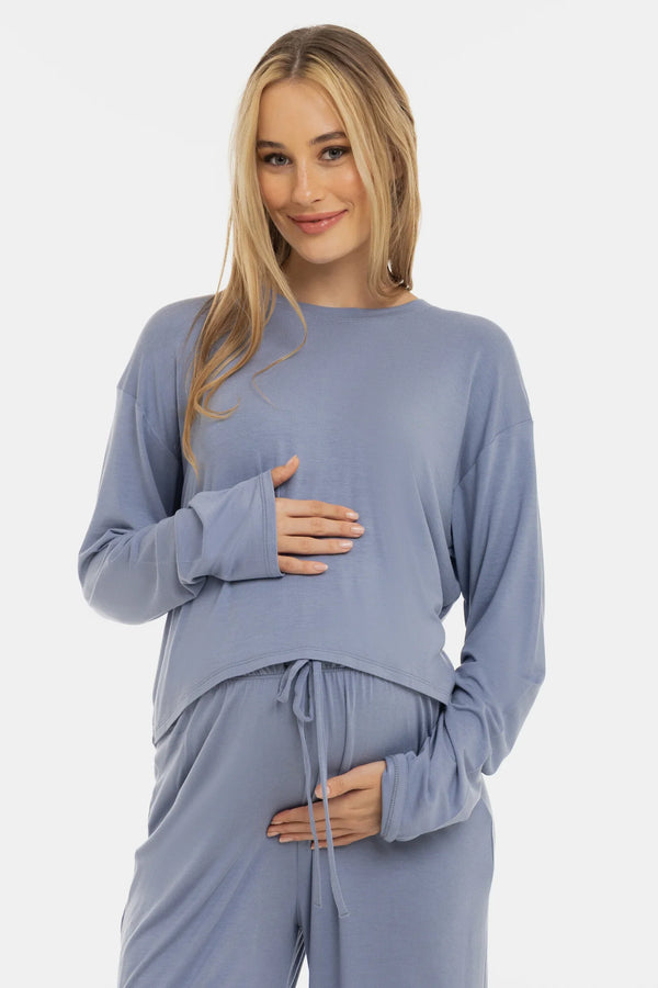 Měkký těhotenský crop top s dlouhým rukávem z modalu - pastelově modrá
