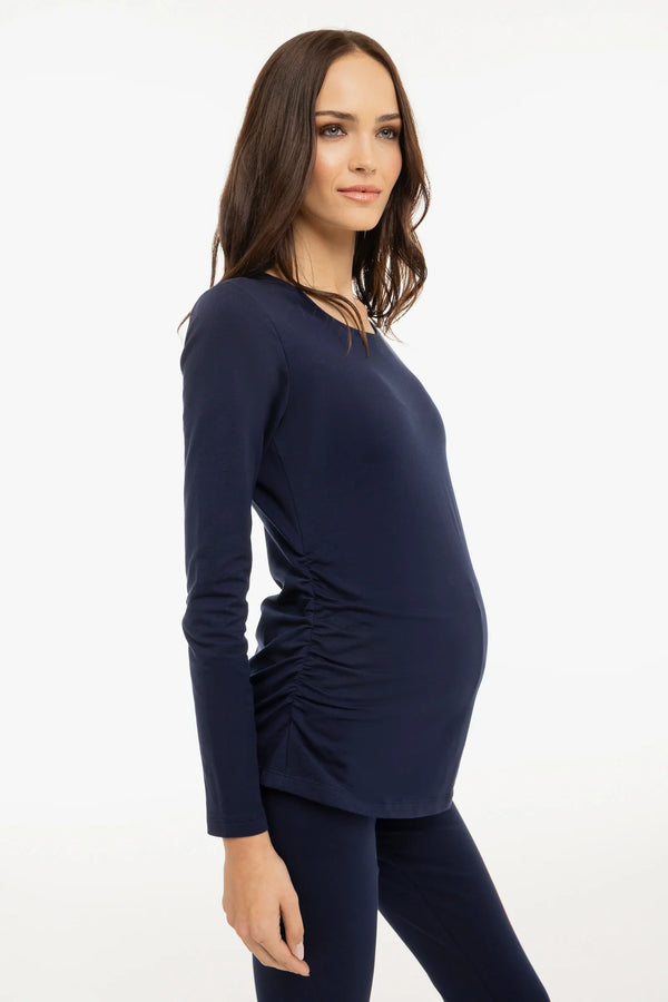Bavlněný těhotenský top s řasením - tmavomodrý