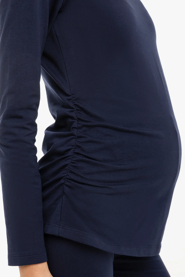 Bavlněný těhotenský top s řasením - tmavomodrý