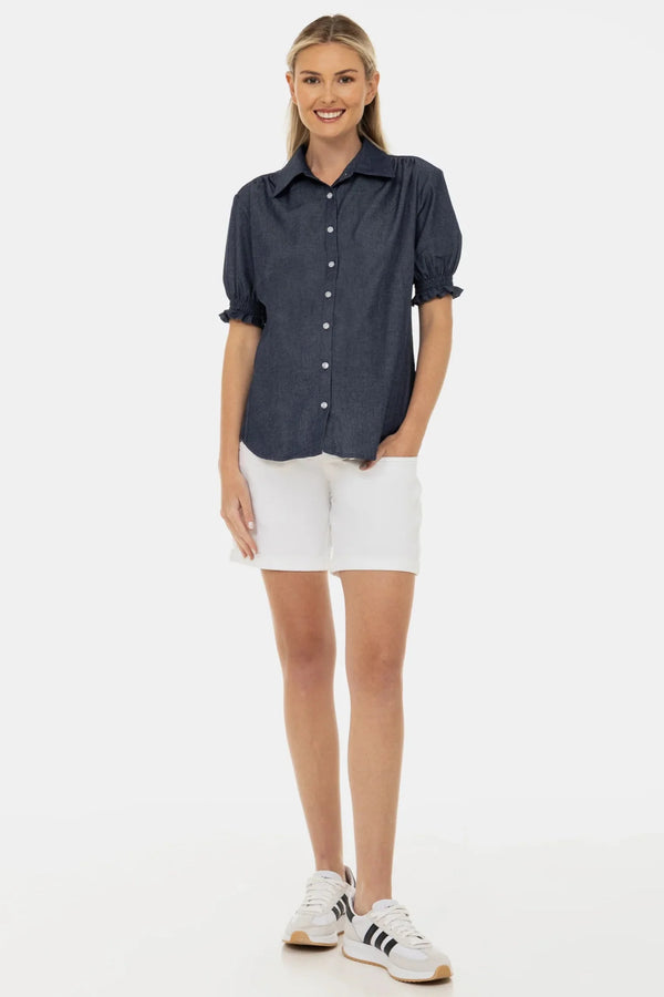 Těhotenská a kojicí džínová košile s nabíranými rukávy