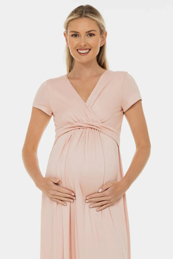 Těhotenské a kojící šaty s dekorativním páskem – pudrová barva