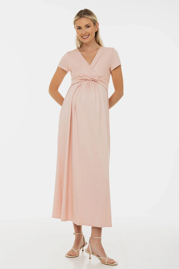 Těhotenské a kojící šaty s dekorativním páskem – pudrová barva