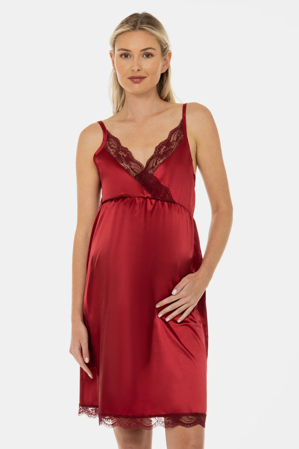 Saténová těhotenská a kojicí noční košile s krajkou - vínová