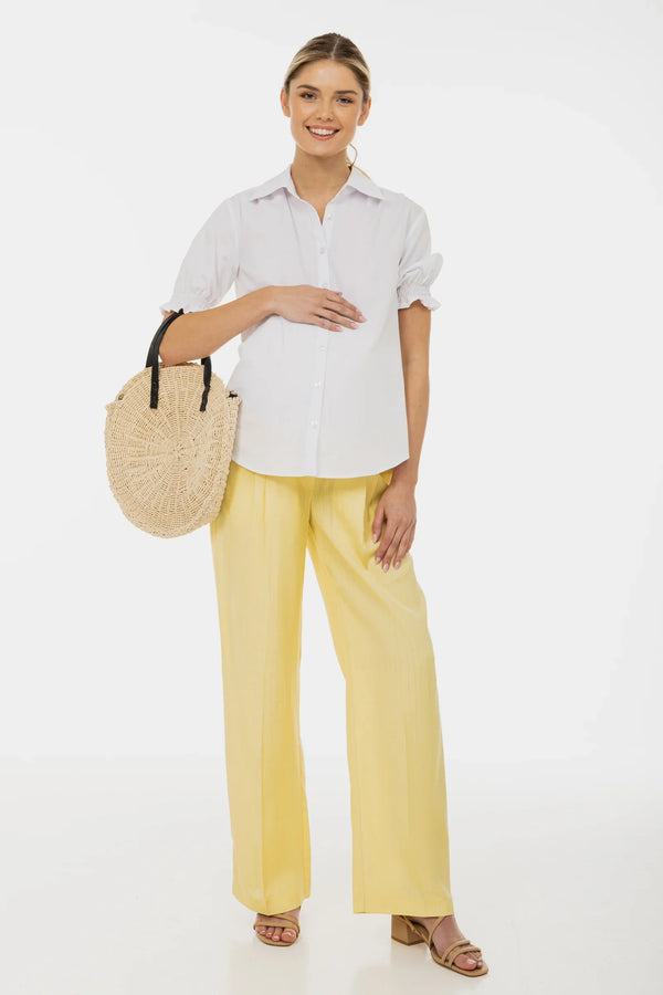 Rozšířené těhotenské kalhoty se sklady - světle žluté