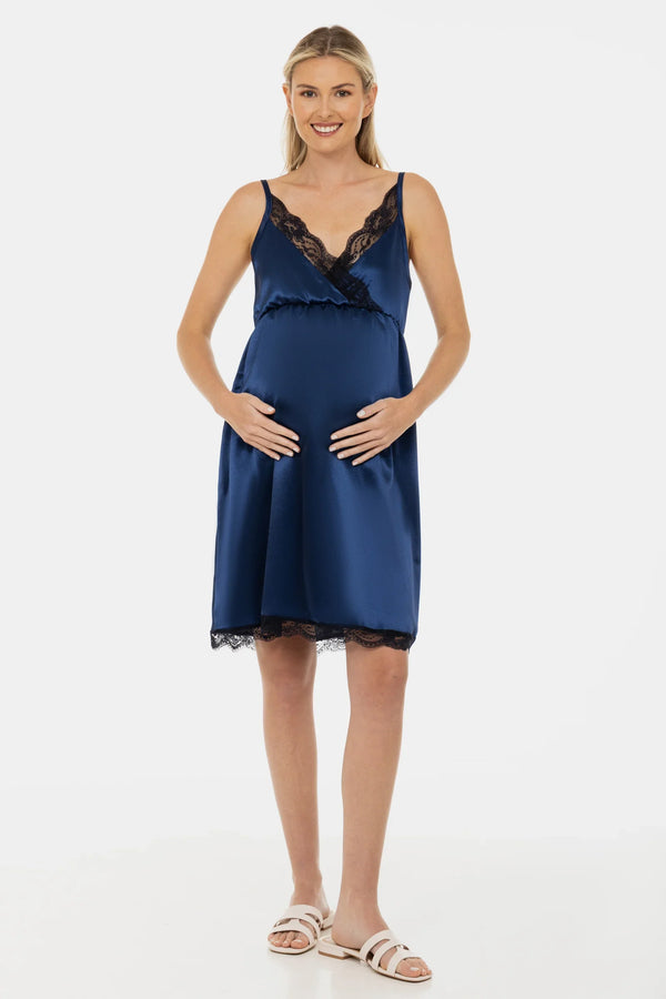 Saténová těhotenská a kojicí noční košile - tmavě modrá