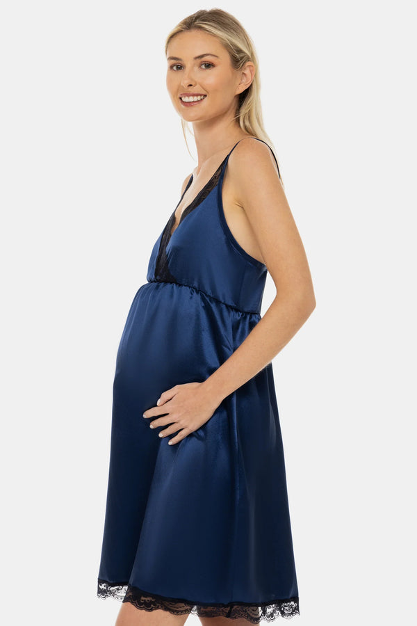 Saténová těhotenská a kojicí noční košile - tmavě modrá