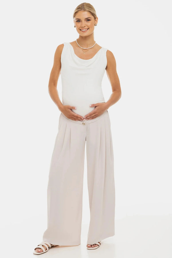 Elegantní béžové těhotenské kalhoty se sklady