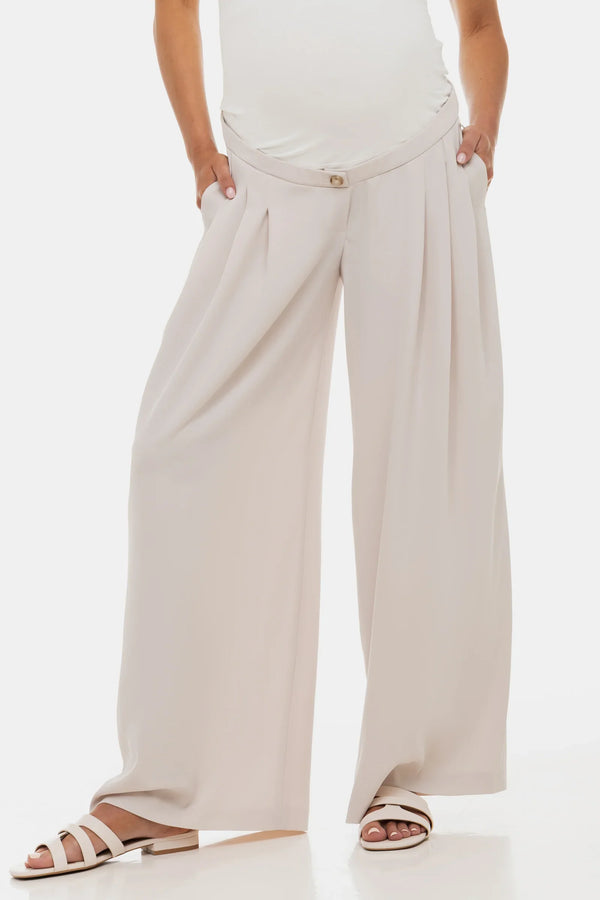 Elegantní béžové těhotenské kalhoty se sklady