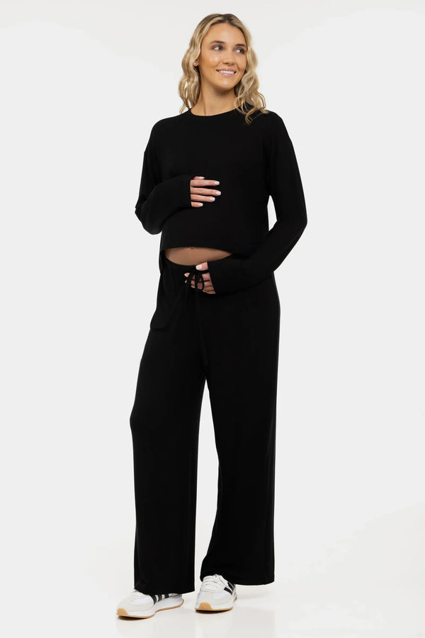 Měkký těhotenský crop top s dlouhým rukávem z modalu – černý