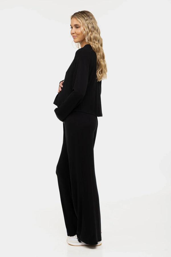 Měkký těhotenský crop top s dlouhým rukávem z modalu – černý