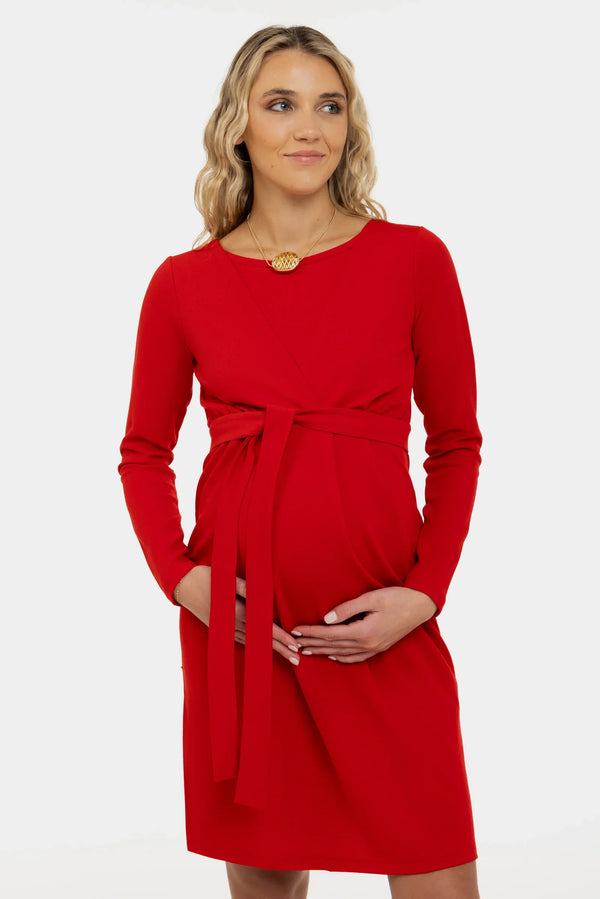 Těhotenské a kojící šaty s páskem - červený