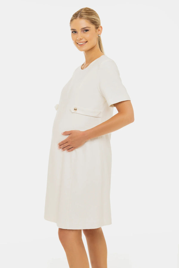 Těhotenské šaty z buklé látky s elegantními zlatými detaily