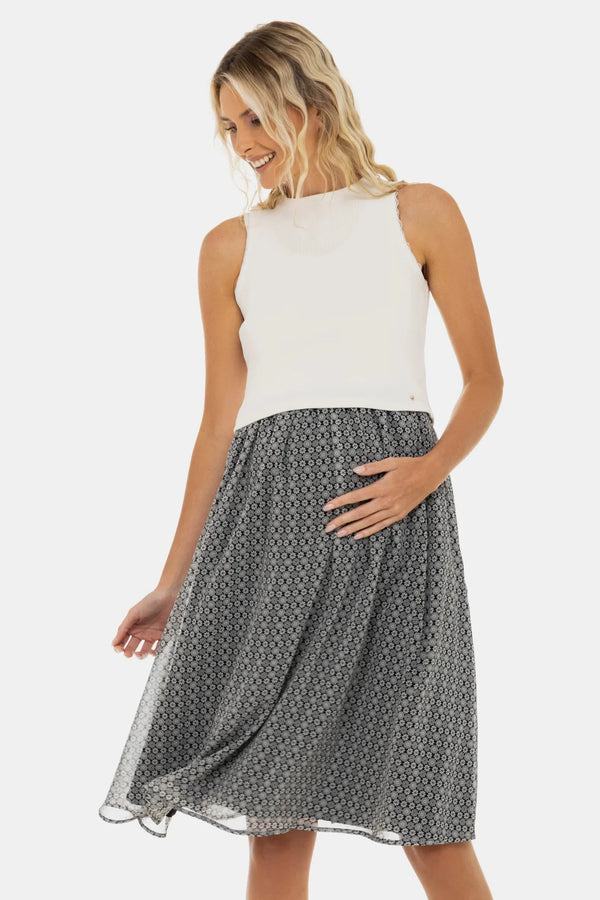 Elegantní šaty s bílým bavlněným žebrovaným topem a vzdušnou sukní - béžové