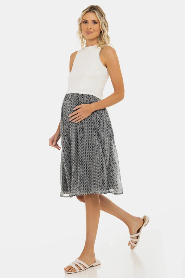 Elegantní šaty s bílým bavlněným žebrovaným topem a vzdušnou sukní - béžové