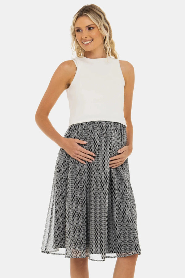 Elegantní šaty s bílým bavlněným žebrovaným topem a vzdušnou sukní - béžové