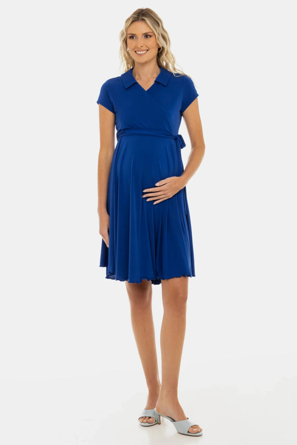 Vzdušné těhotenské a kojicí šaty s překříženým výstřihem – modré