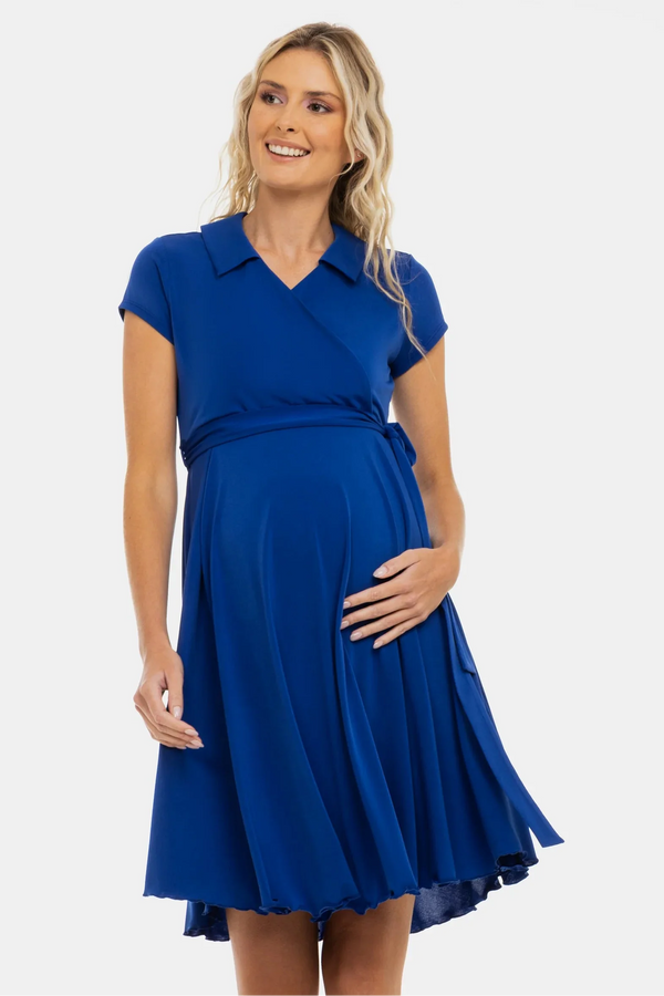 Vzdušné těhotenské a kojicí šaty s překříženým výstřihem – modré