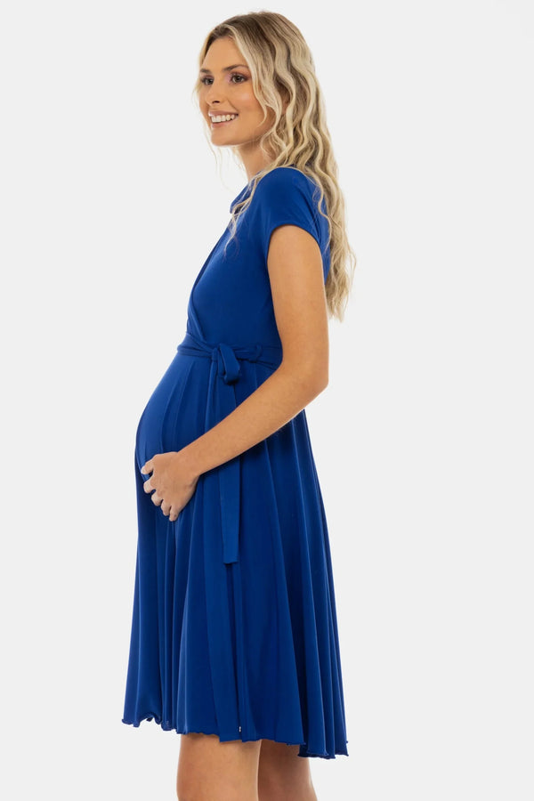 Vzdušné těhotenské a kojicí šaty s překříženým výstřihem – modré