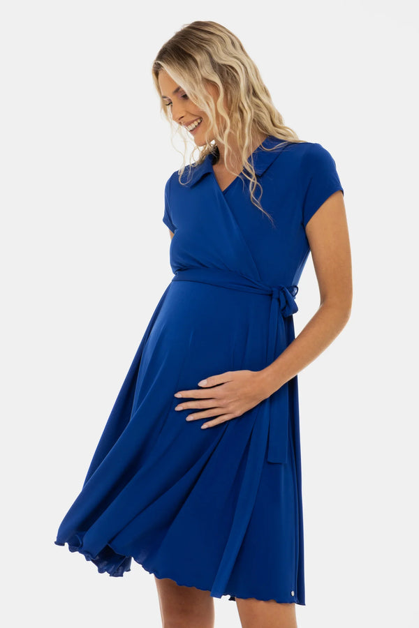 Vzdušné těhotenské a kojicí šaty s překříženým výstřihem – modré