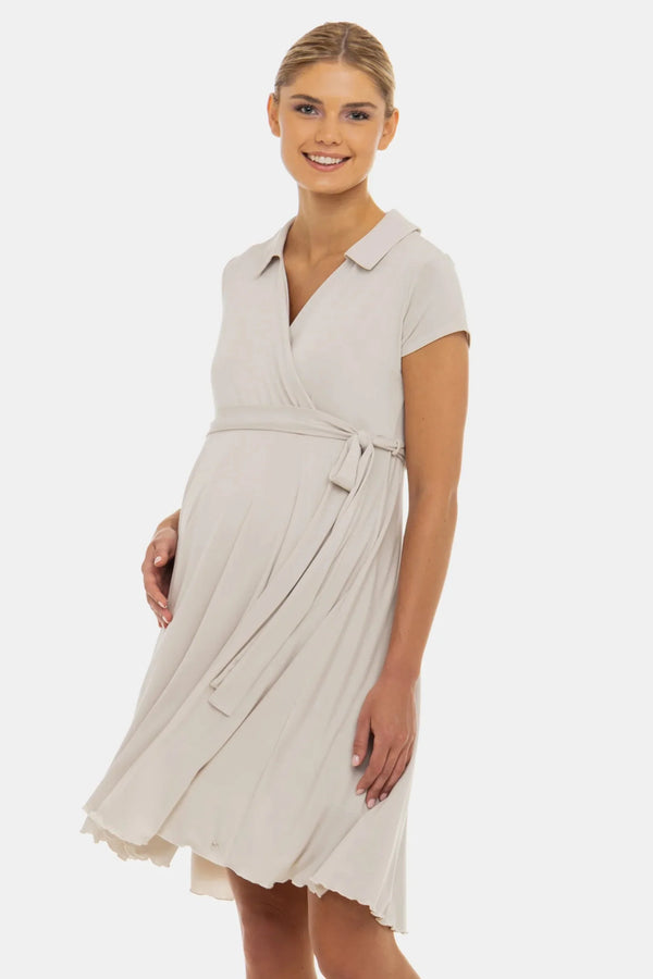 Vzdušné těhotenské a kojicí šaty s překříženým výstřihem – béžové
