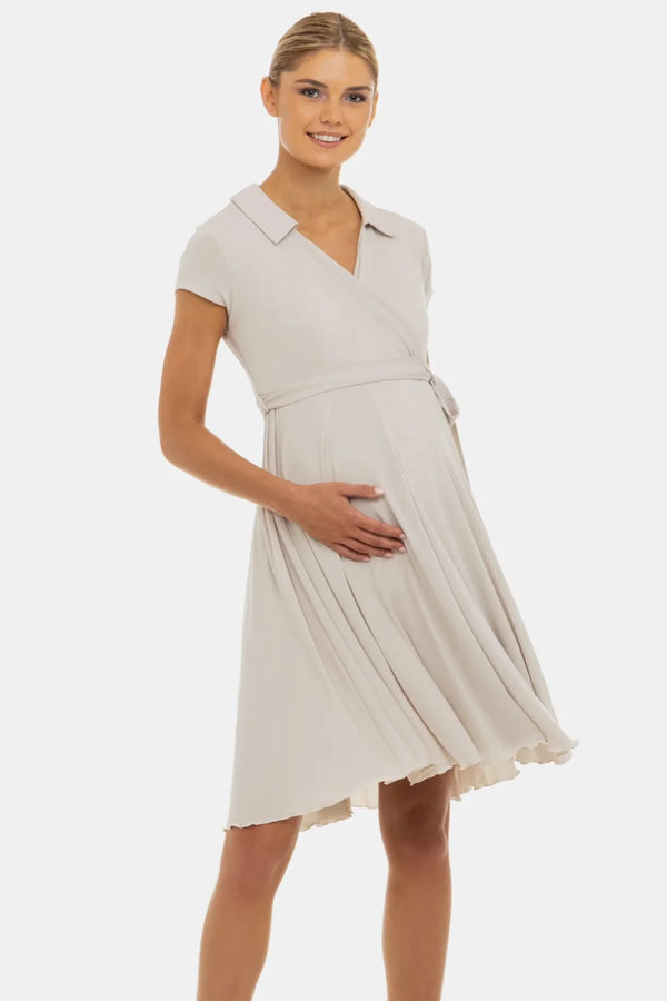 Vzdušné těhotenské a kojicí šaty s překříženým výstřihem – béžové