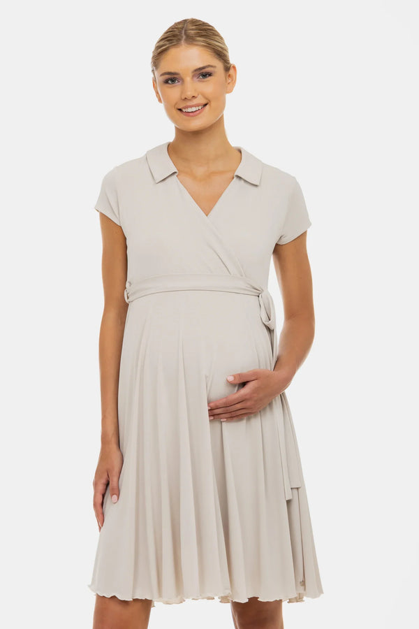 Vzdušné těhotenské a kojicí šaty s překříženým výstřihem – béžové