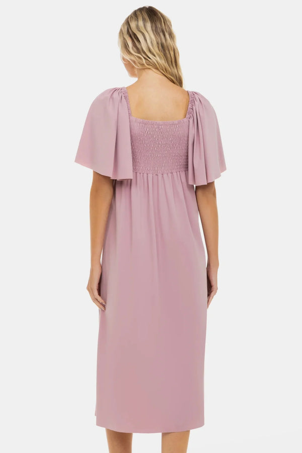 Těhotenské šaty s řasením a mašlí – pudrové