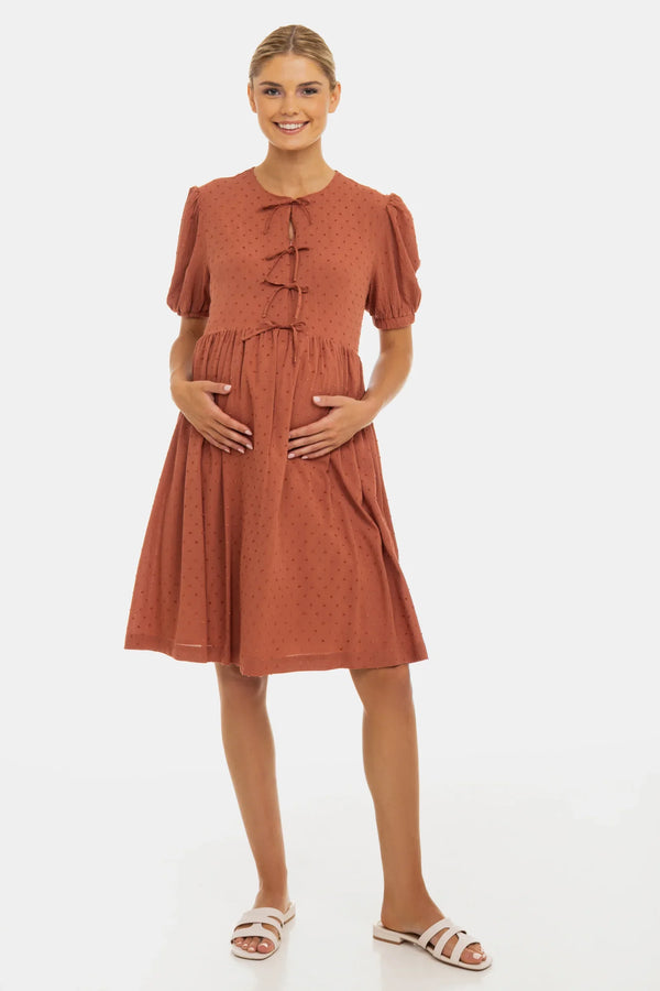 Těhotenské a kojicí šaty s mašlemi – terakota