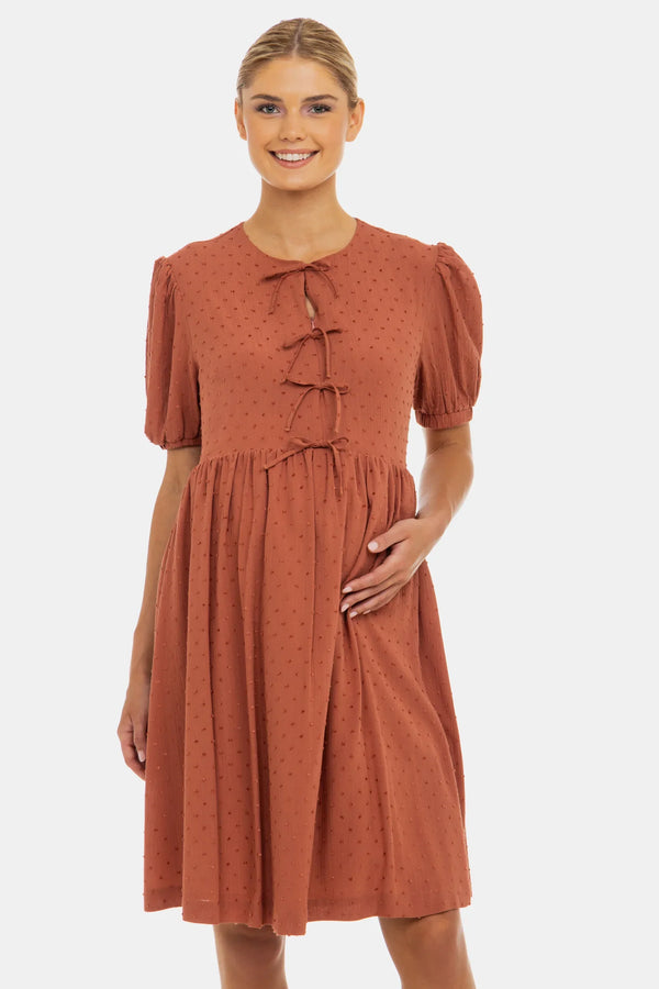 Těhotenské a kojicí šaty s mašlemi – terakota